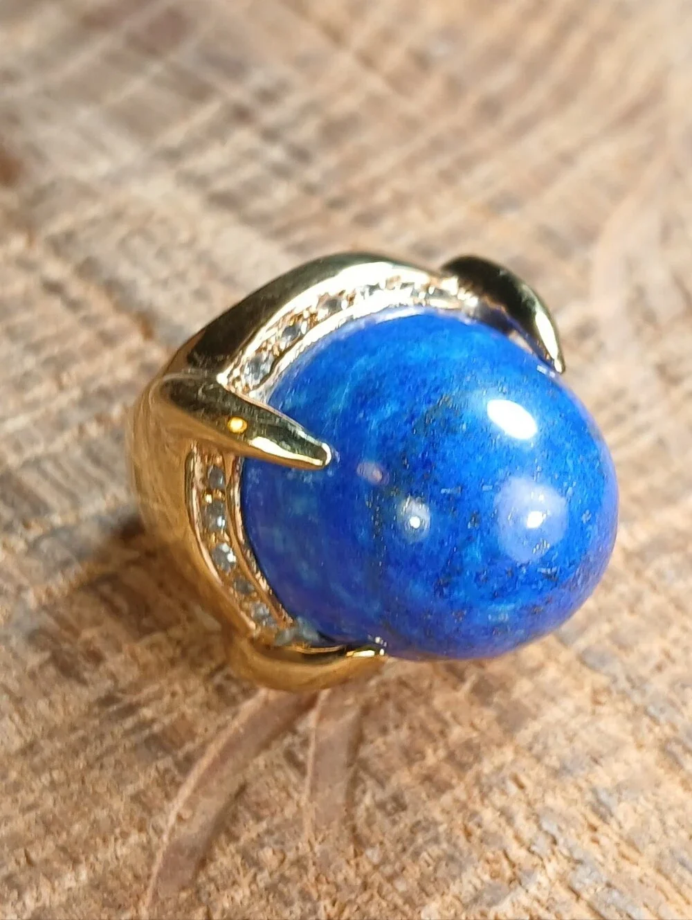 Gold-Tone Lapis Lazuli Statement Ring with Pavé Accents Size 5